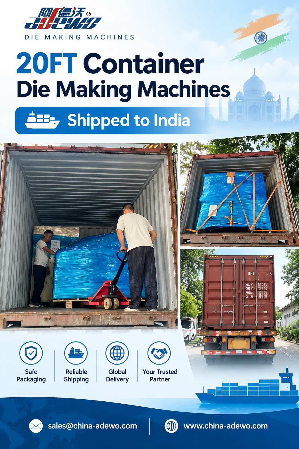 ADEWO spedisce quattro modelli chiave di macchine in India in un container pieno, migliorando le linee di produzione locali per la produzione di stampi